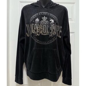 Juicy Couture Black Velour Hoodie‎ Crest Logo Y2K Vintage Velour Pullover